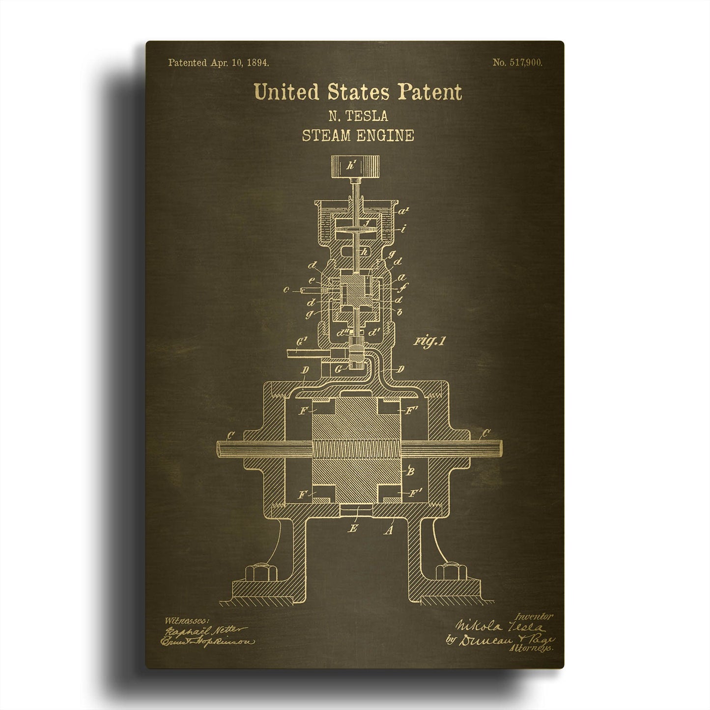 'Tesla Steam Engine Blueprint Patent Chalkboard' By LUXE Gold Metal Wall Art