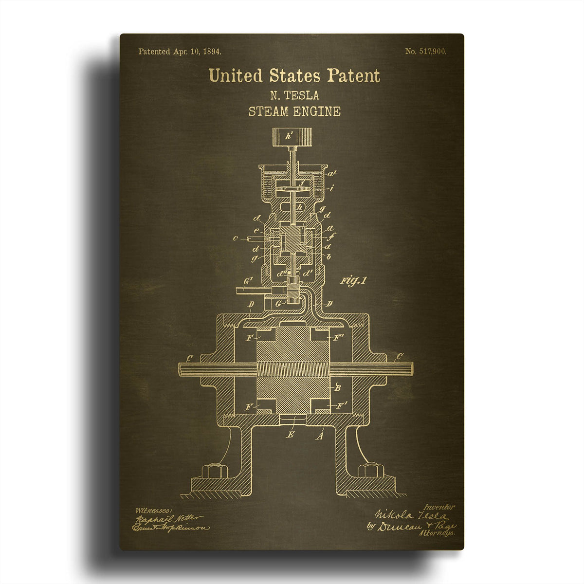 'Tesla Steam Engine Blueprint Patent Chalkboard' By LUXE Gold Metal Wall Art