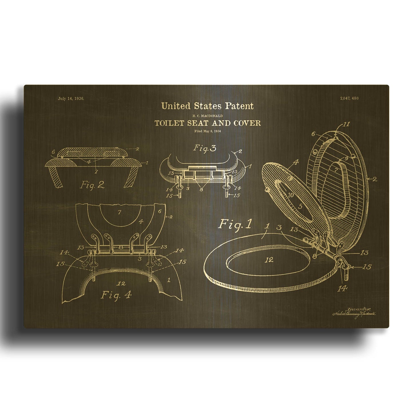 'Toilet Seat Cover Blueprint Patent Chalkboard' By LUXE Gold Metal Wall Art