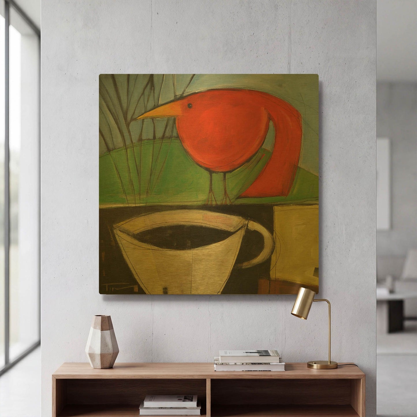 'Coffee And Red Bird' By Tim Nyberg Gold Metal Wall Art
