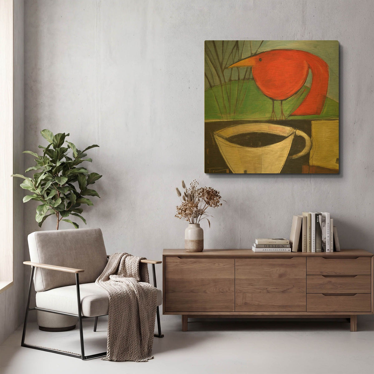 'Coffee And Red Bird' By Tim Nyberg Gold Metal Wall Art