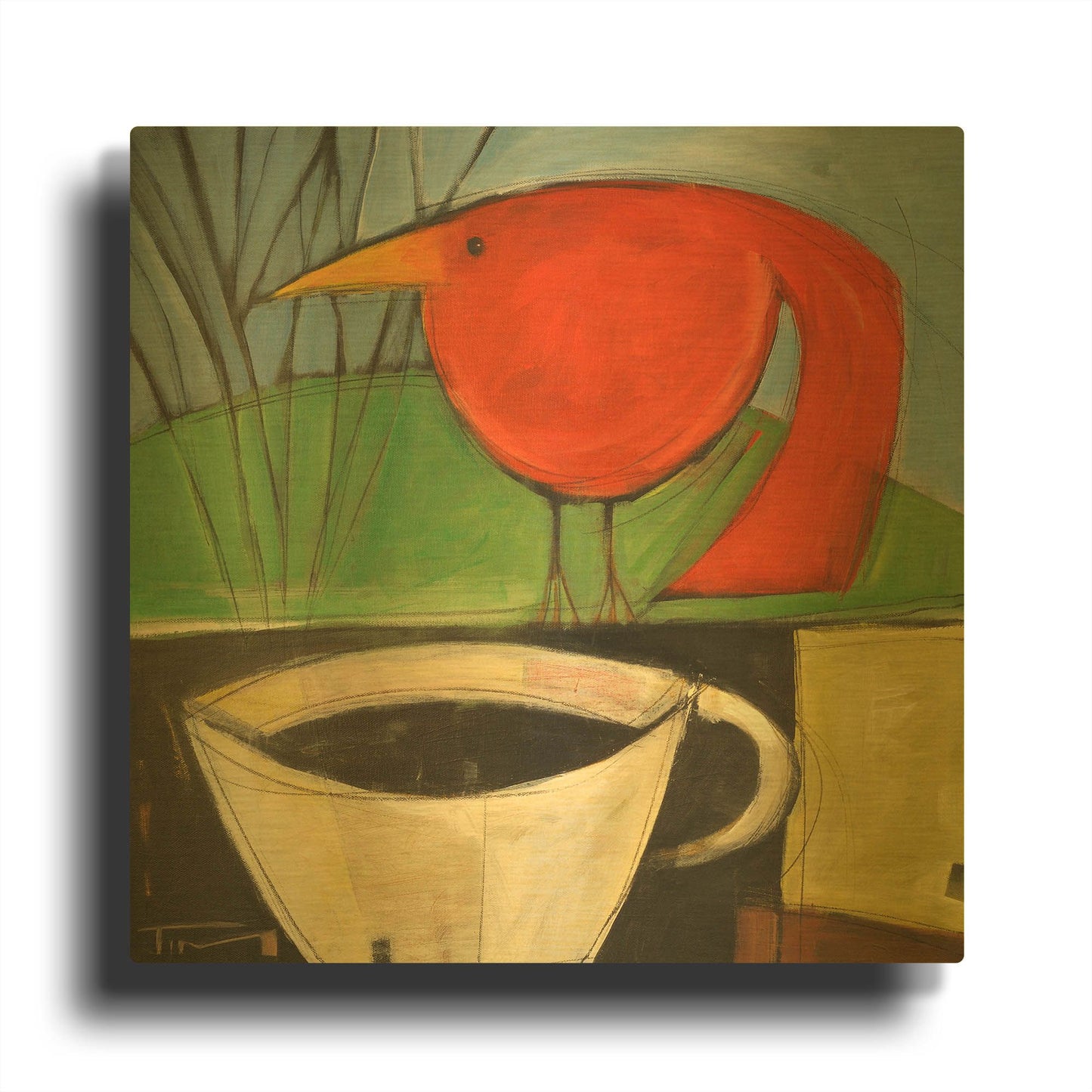 'Coffee And Red Bird' By Tim Nyberg Gold Metal Wall Art
