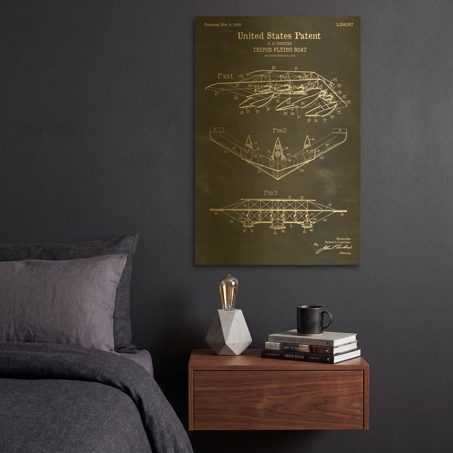 'Tripod Flying Boat Blueprint Patent Chalkboard' By LUXE Gold Metal Wall Art