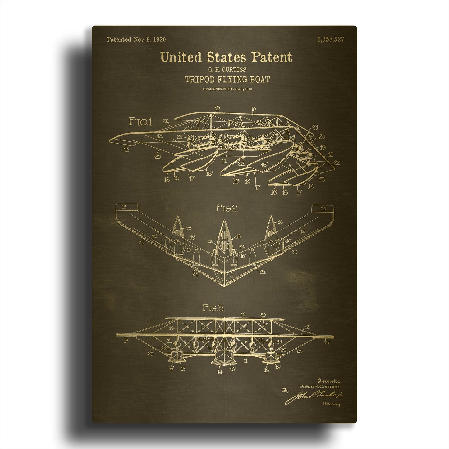 'Tripod Flying Boat Blueprint Patent Chalkboard' By LUXE Gold Metal Wall Art