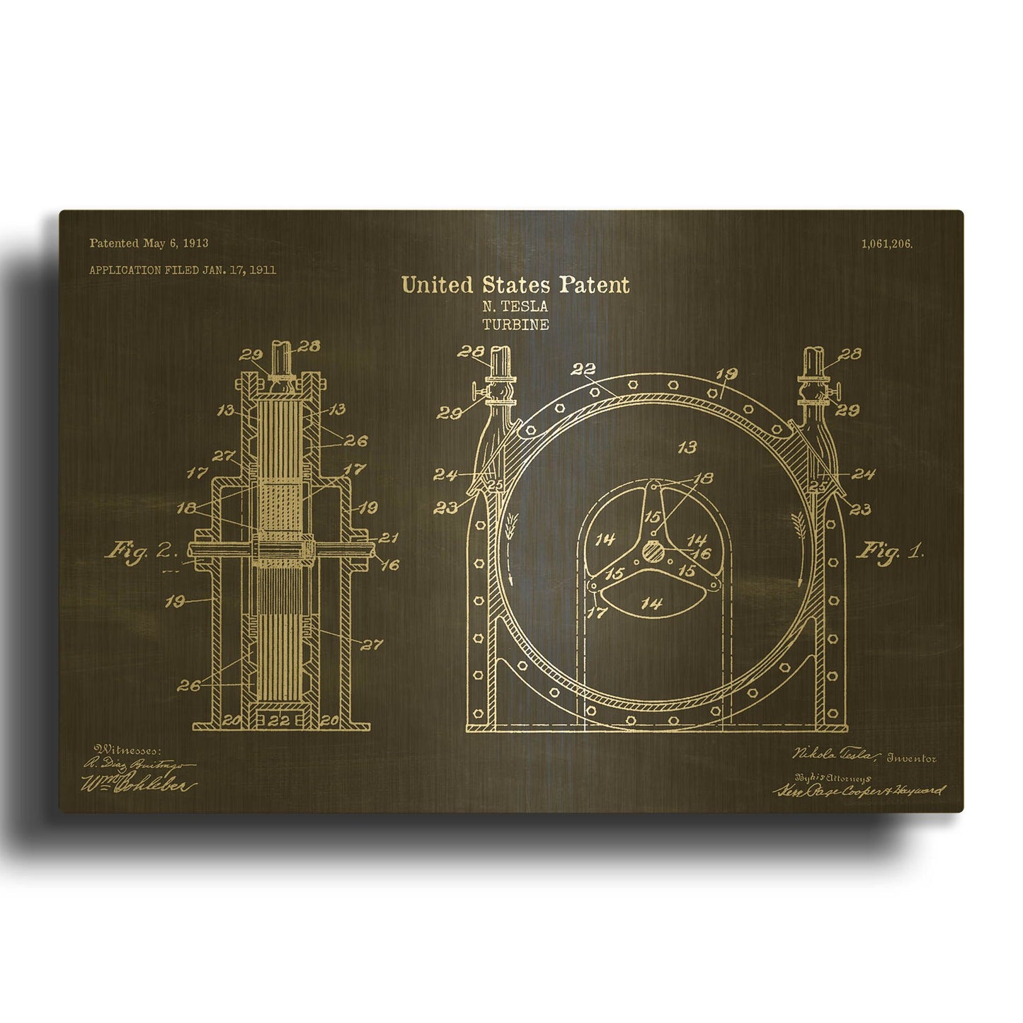 'Tesla Turbine Blueprint Patent Chalkboard' By LUXE Gold Metal Wall Art
