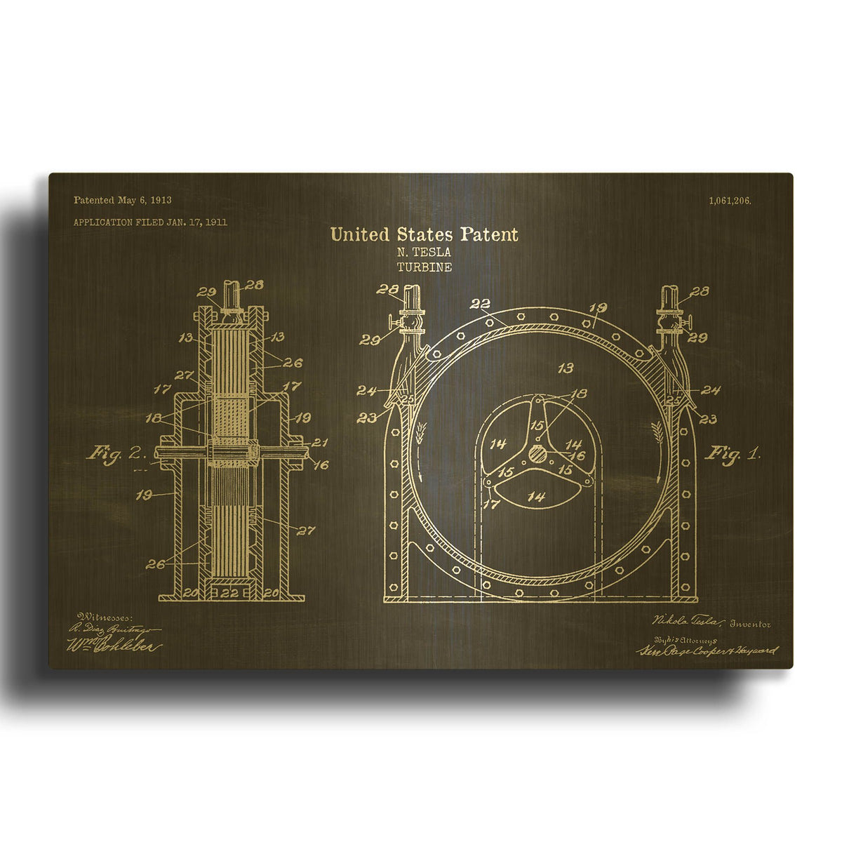'Tesla Turbine Blueprint Patent Chalkboard' By LUXE Gold Metal Wall Art
