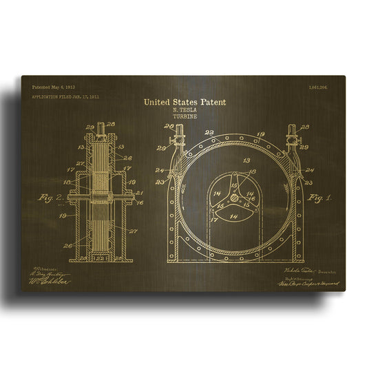 'Tesla Turbine Blueprint Patent Chalkboard' By LUXE Gold Metal Wall Art