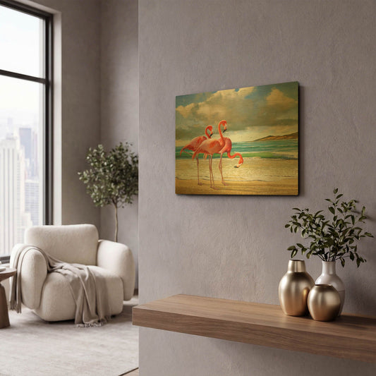'Beach Scene Flamingos' By Chris Vest Gold Metal Wall Art