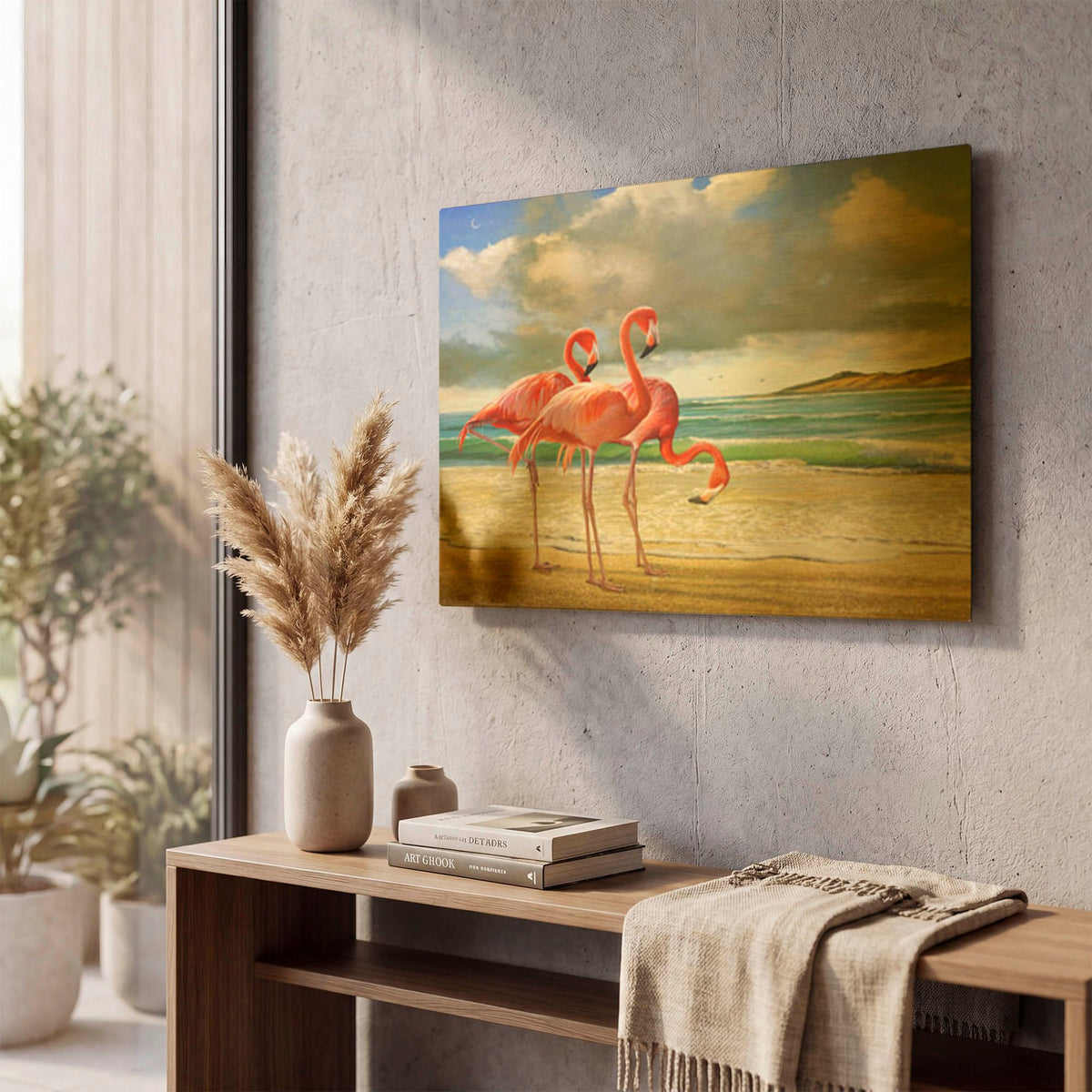 'Beach Scene Flamingos' By Chris Vest Gold Metal Wall Art