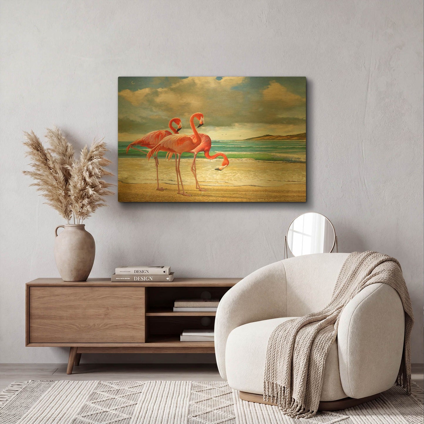 'Beach Scene Flamingos' By Chris Vest Gold Metal Wall Art