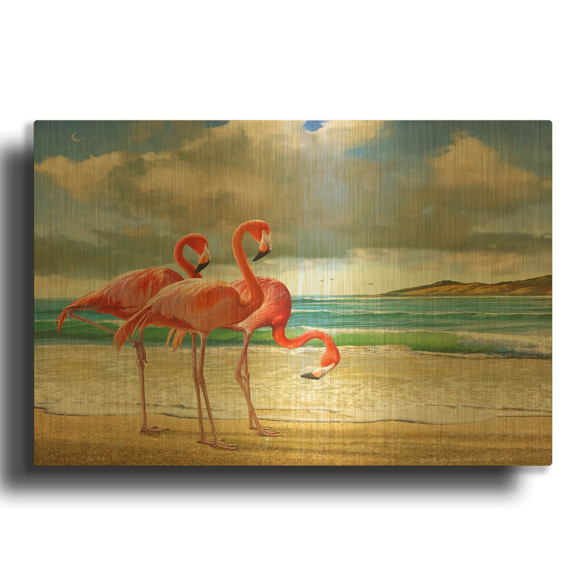 'Beach Scene Flamingos' By Chris Vest Gold Metal Wall Art