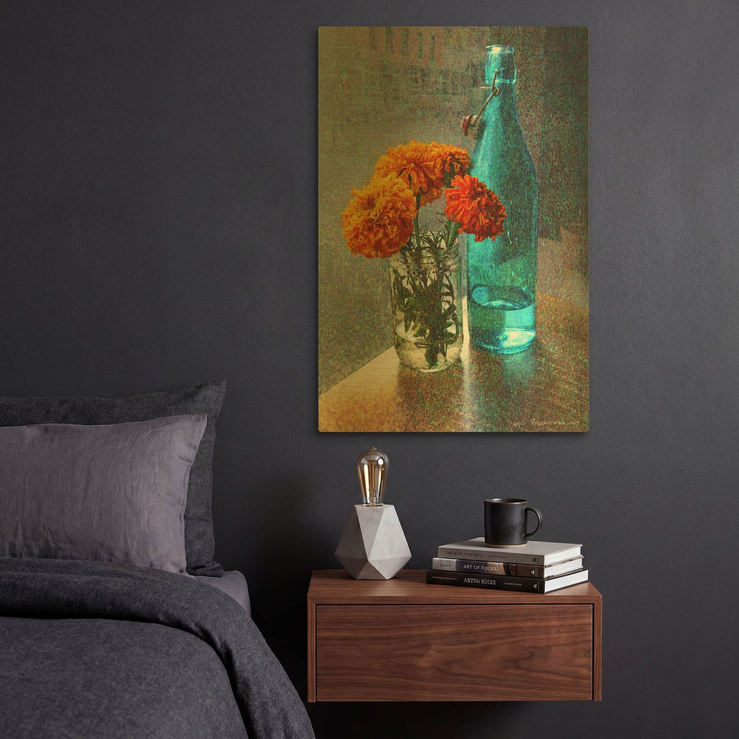 'Aqua Bottle Marigolds Cafe' By Chris Vest Gold Metal Wall Art