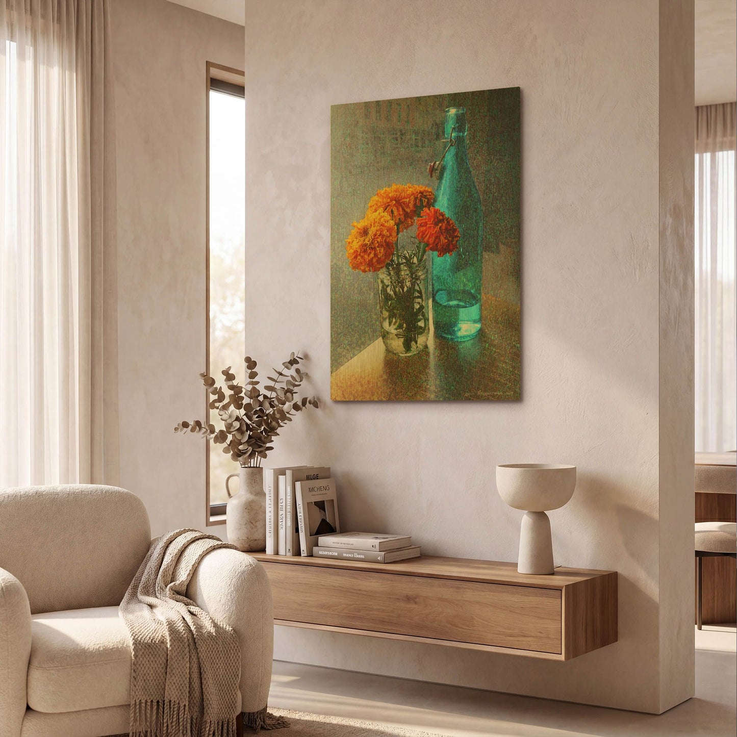 'Aqua Bottle Marigolds Cafe' By Chris Vest Gold Metal Wall Art