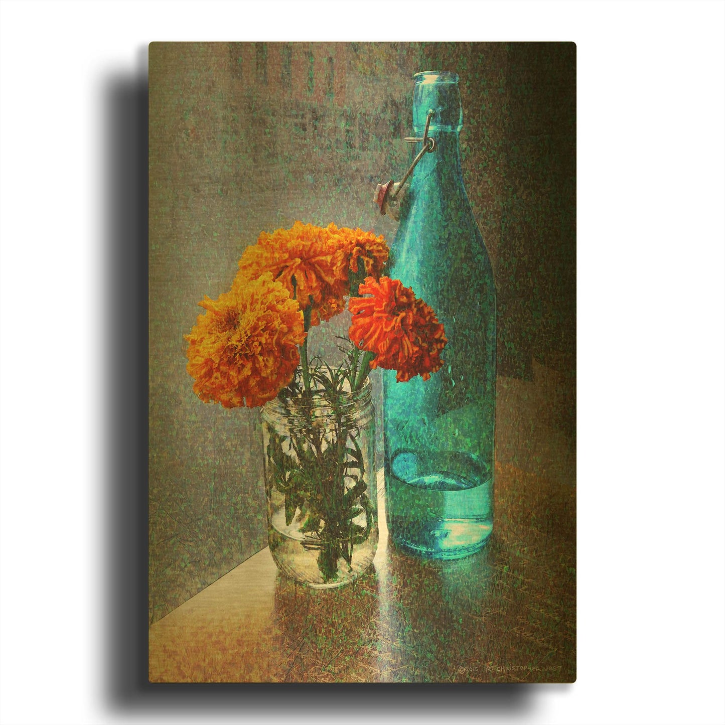 'Aqua Bottle Marigolds Cafe' By Chris Vest Gold Metal Wall Art