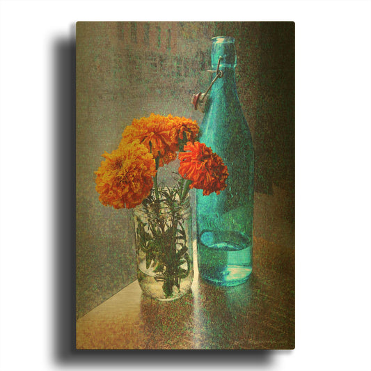 'Aqua Bottle Marigolds Cafe' By Chris Vest Gold Metal Wall Art