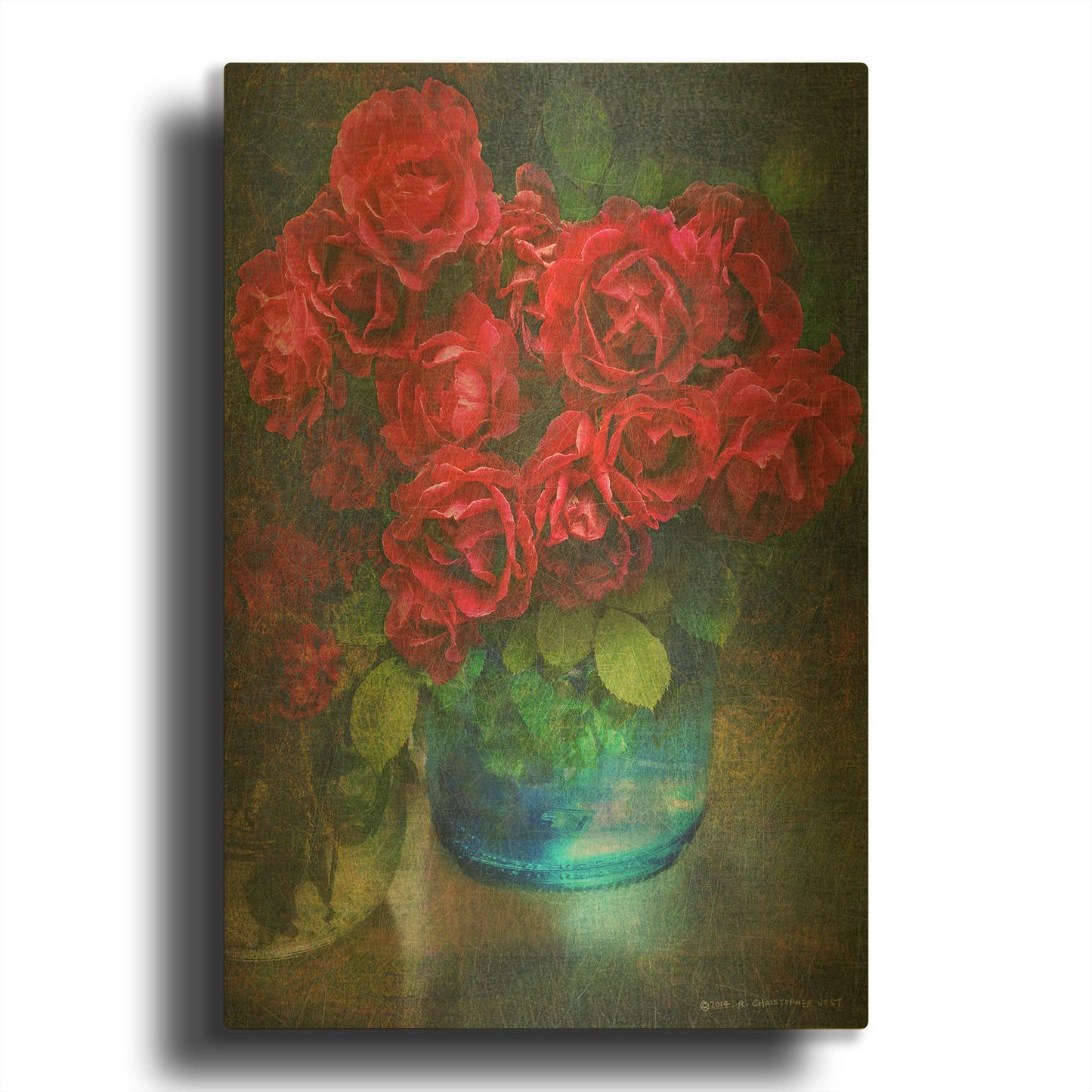 'Roses In Blue Jar' By Chris Vest Gold Metal Wall Art