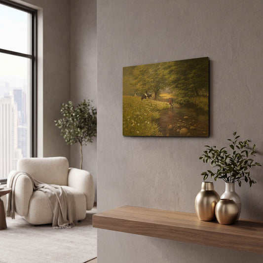 'Cattle By The Stream' By Bill Makinson Gold Metal Wall Art