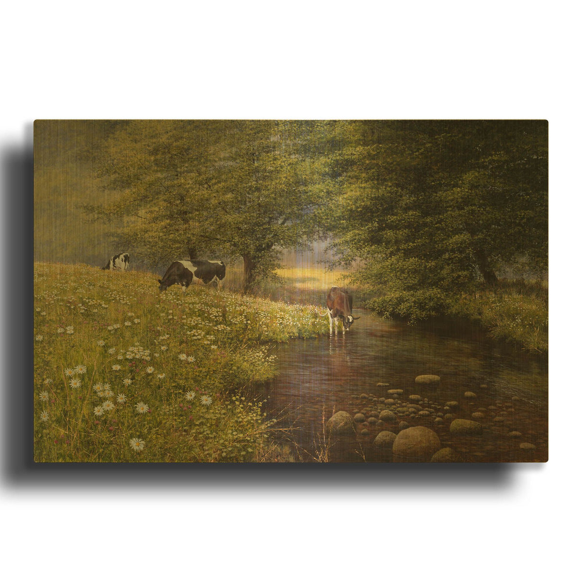 'Cattle By The Stream' By Bill Makinson Gold Metal Wall Art