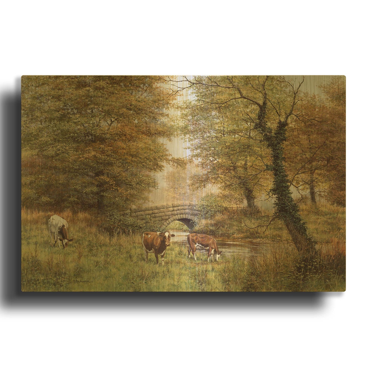 'Cows By Bridge' By Bill Makinson Gold Metal Wall Art