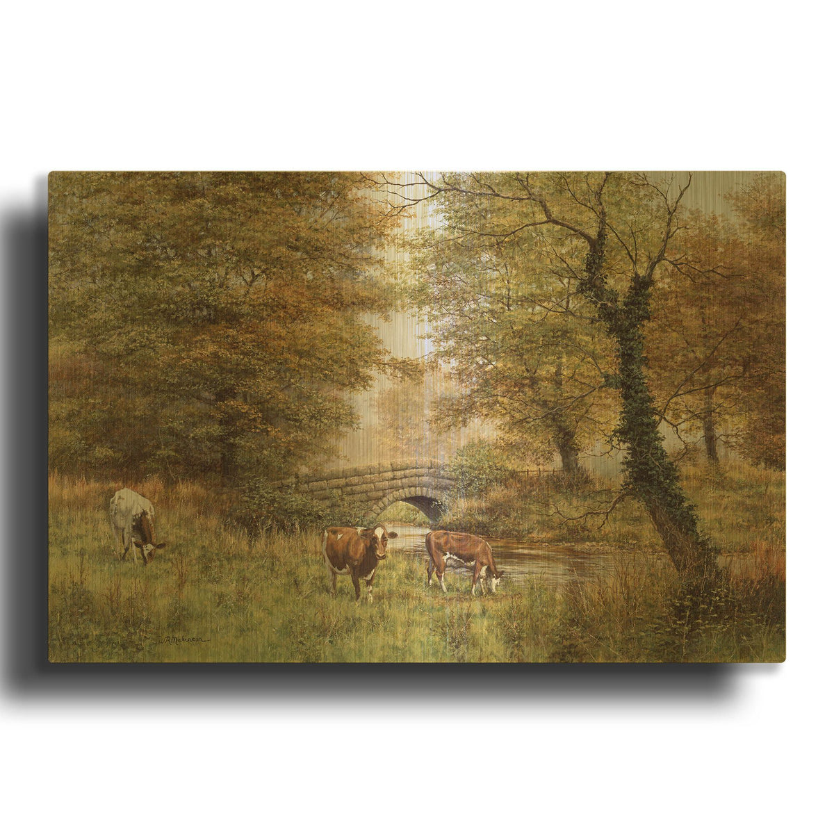 'Cows By Bridge' By Bill Makinson Gold Metal Wall Art
