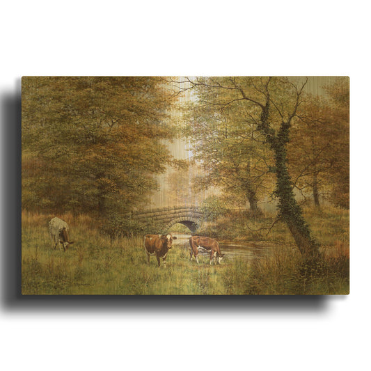 'Cows By Bridge' By Bill Makinson Gold Metal Wall Art