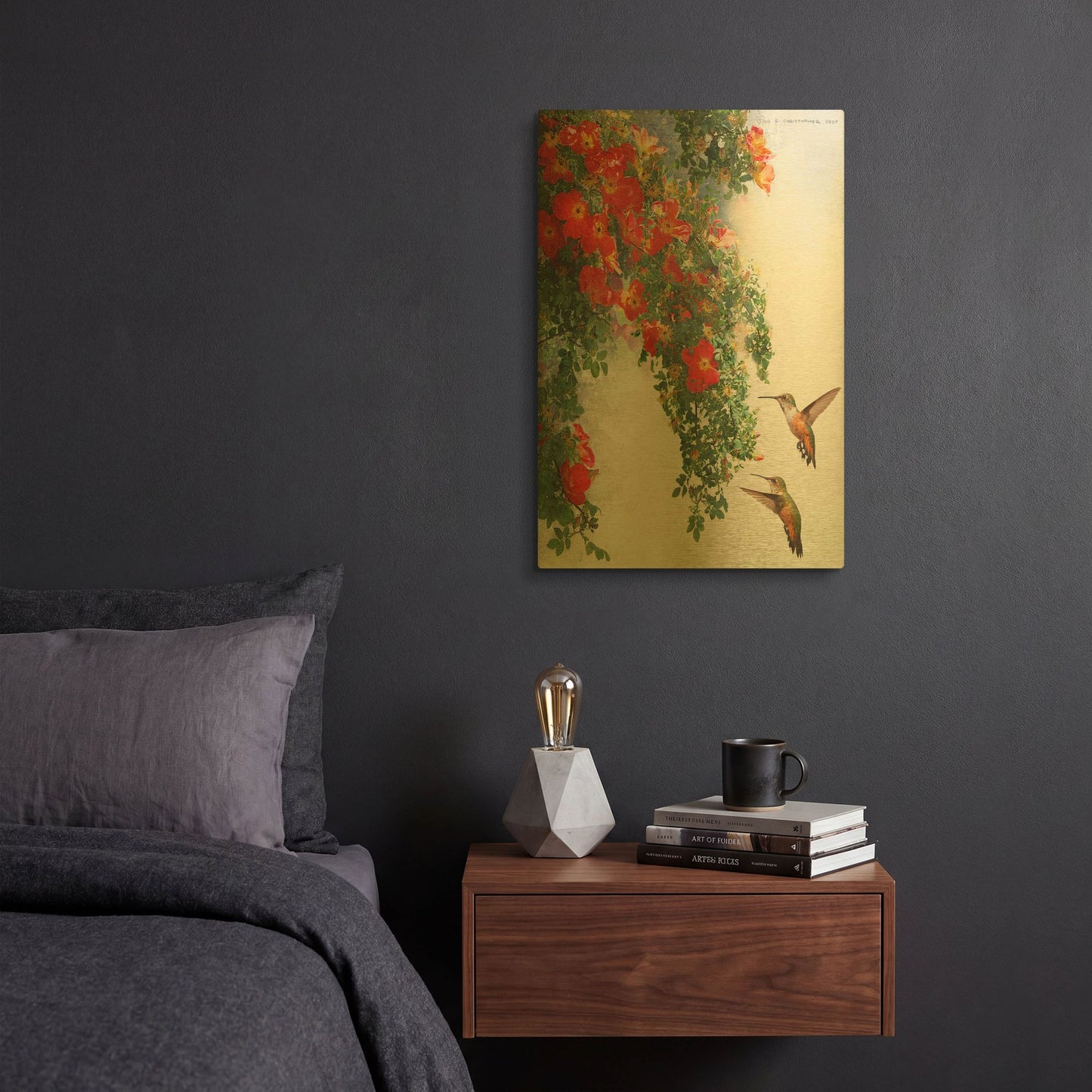'Hanging Red Roses And Hummers' By Chris Vest Gold Metal Wall Art
