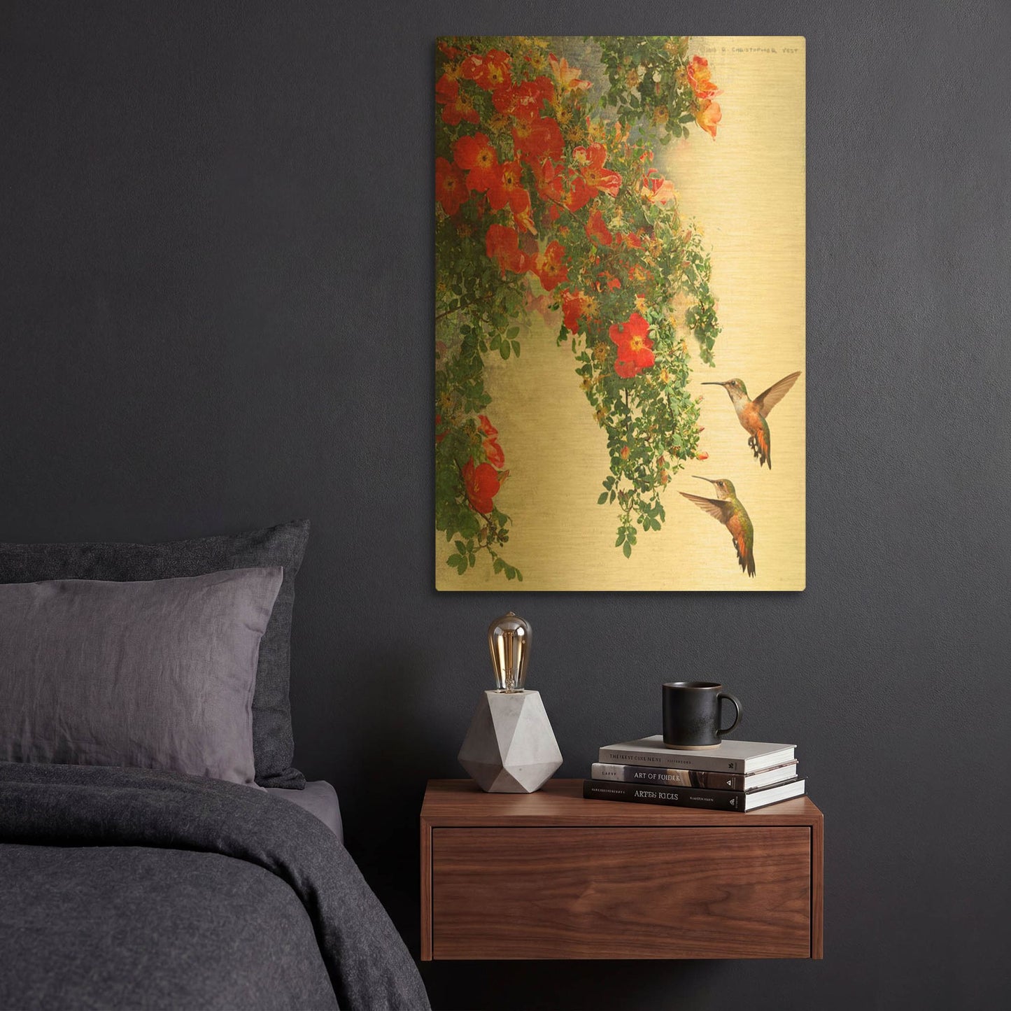 'Hanging Red Roses And Hummers' By Chris Vest Gold Metal Wall Art