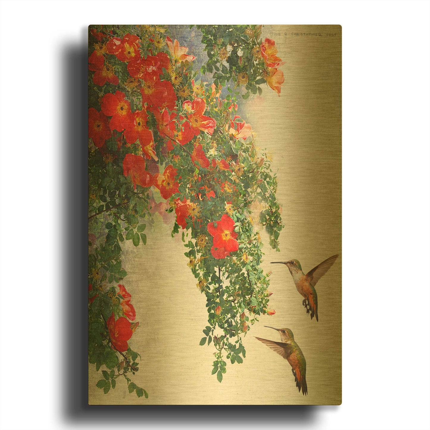'Hanging Red Roses And Hummers' By Chris Vest Gold Metal Wall Art