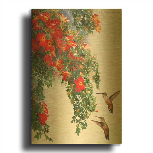 'Hanging Red Roses And Hummers' By Chris Vest Gold Metal Wall Art
