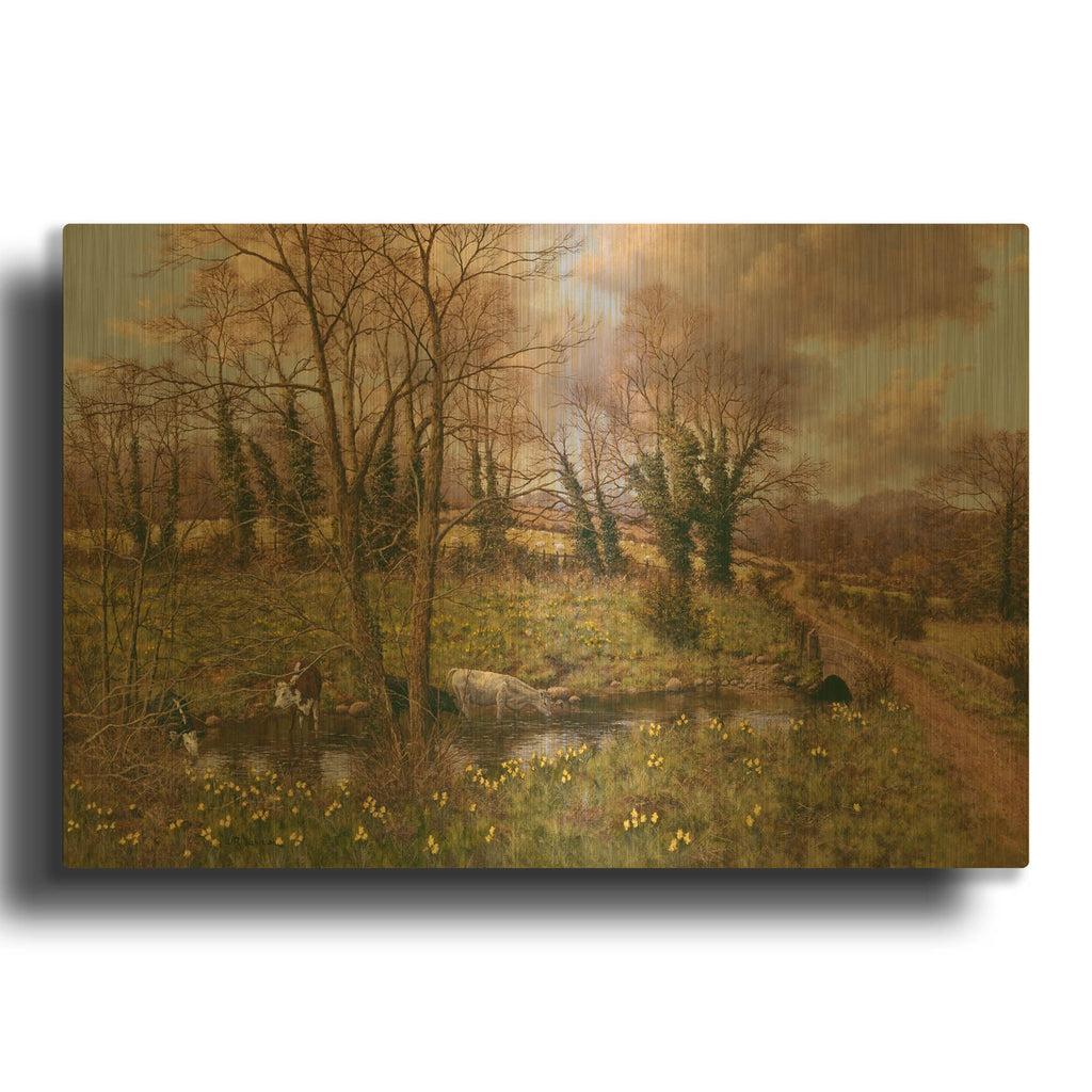 'Cattle And Daffodils' By Bill Makinson Gold Metal Wall Art