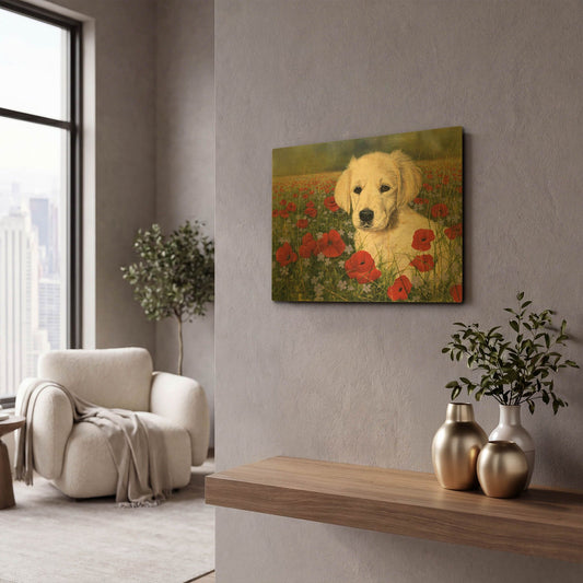 'Puppy And Poppies' By Bill Makinson Gold Metal Wall Art