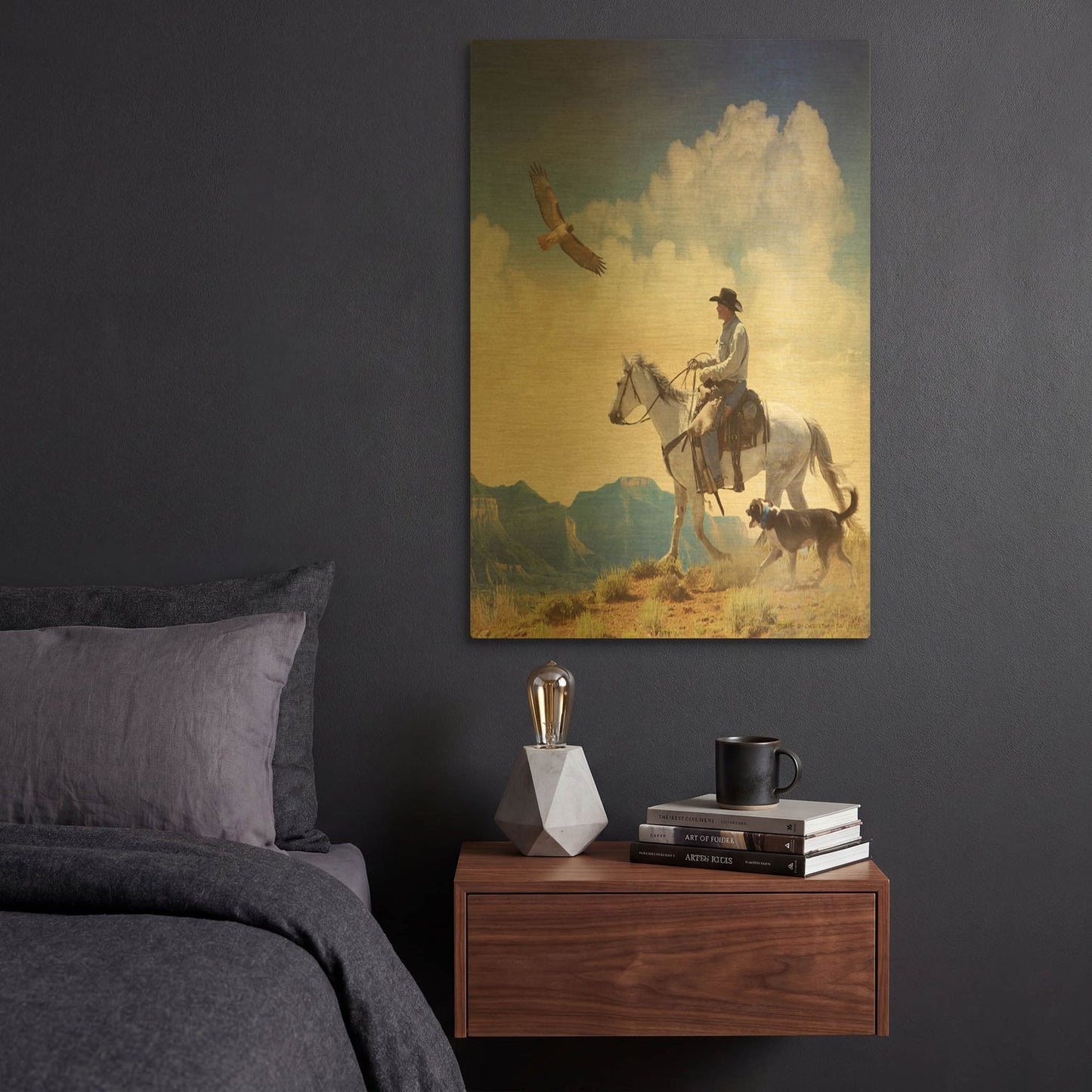 'Cowboy With Dog And Hawk' By Chris Vest Gold Metal Wall Art