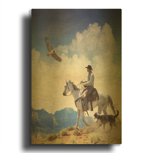 'Cowboy With Dog And Hawk' By Chris Vest Gold Metal Wall Art