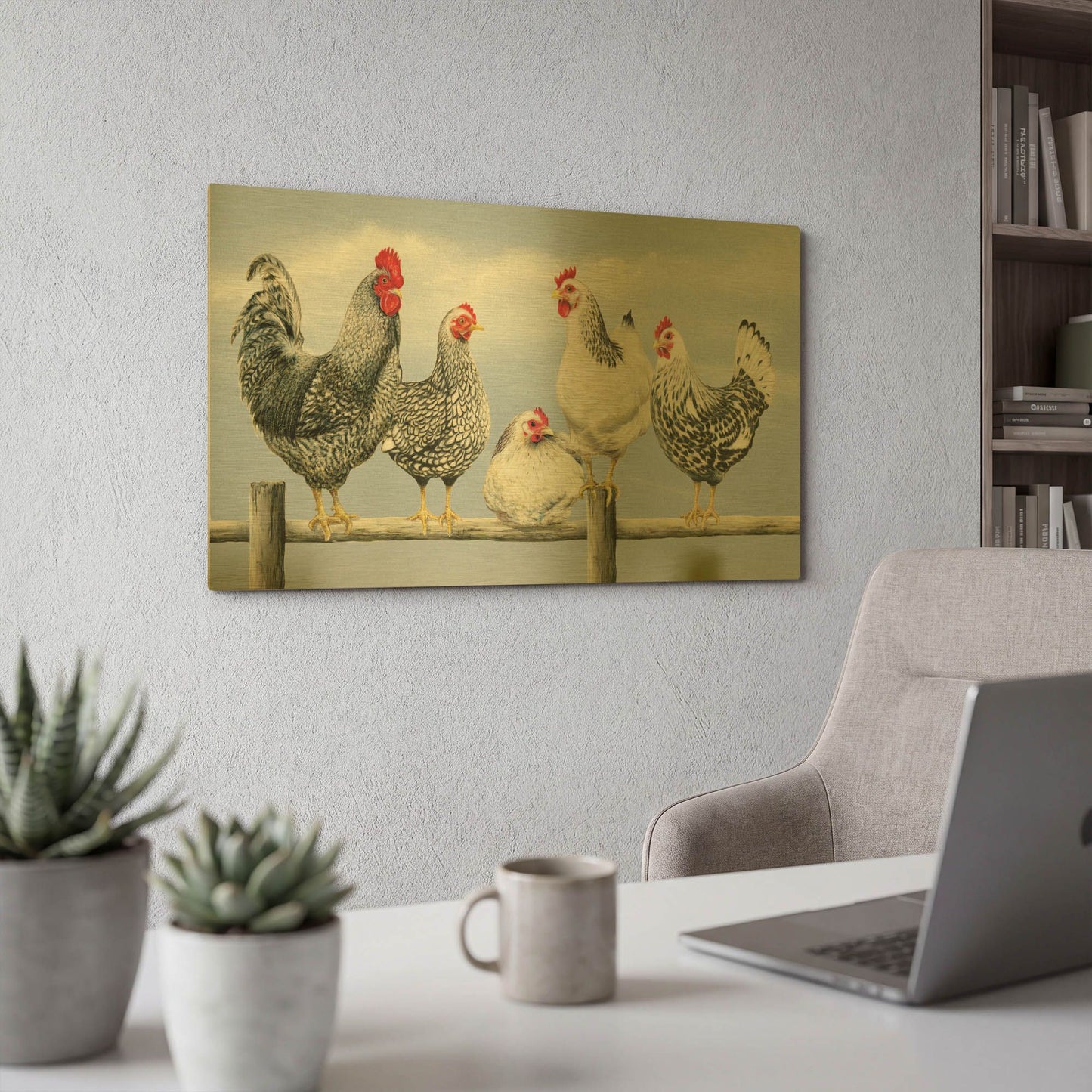 'Black & White Hens 1' By Janet Pidoux Gold Metal Wall Art