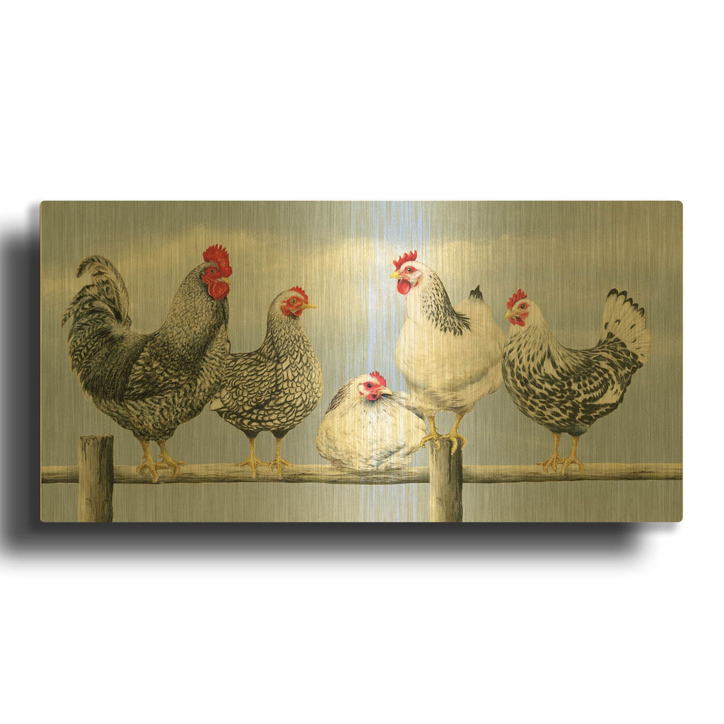 'Black & White Hens 1' By Janet Pidoux Gold Metal Wall Art