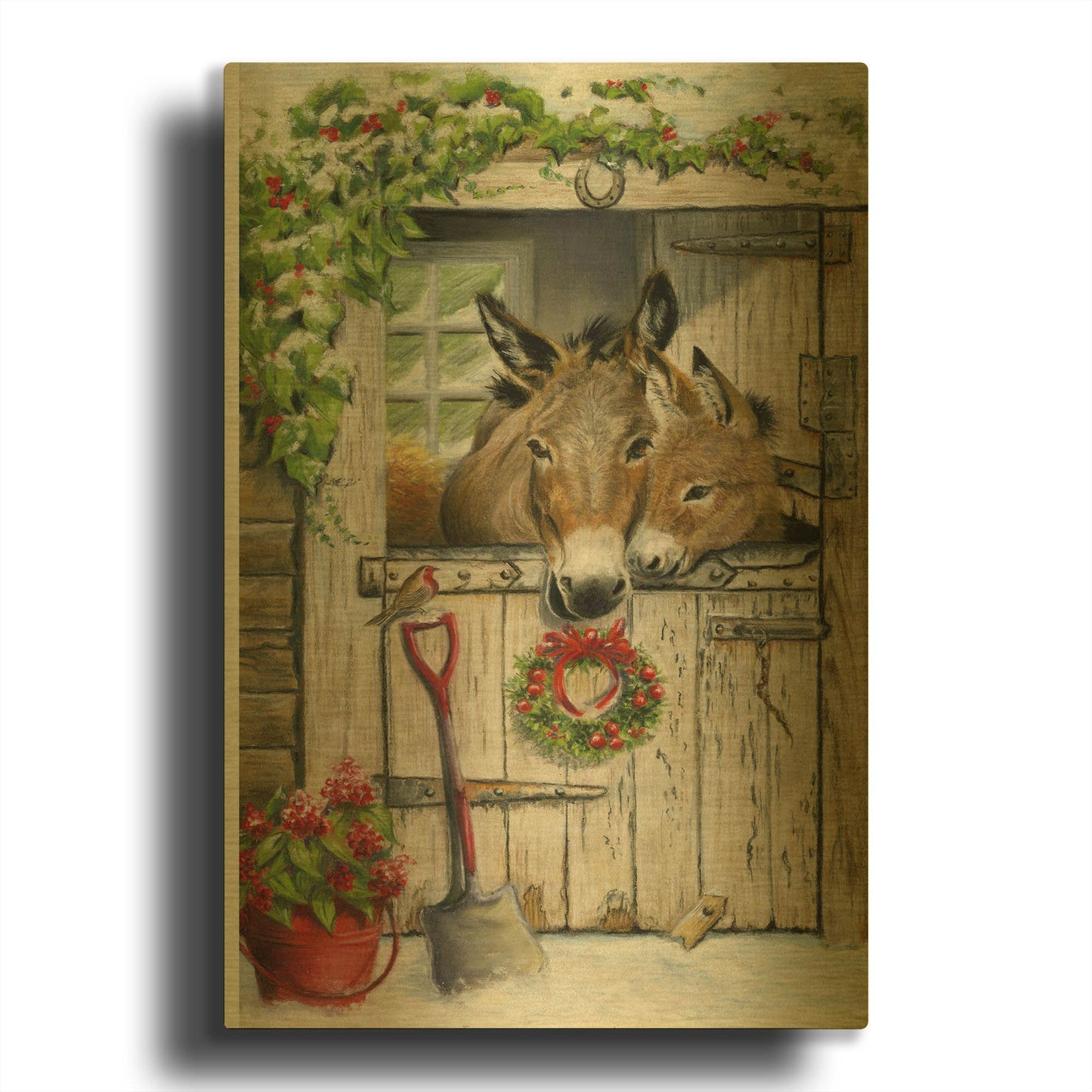'Christmas Donkies' By Janet Pidoux Gold Metal Wall Art
