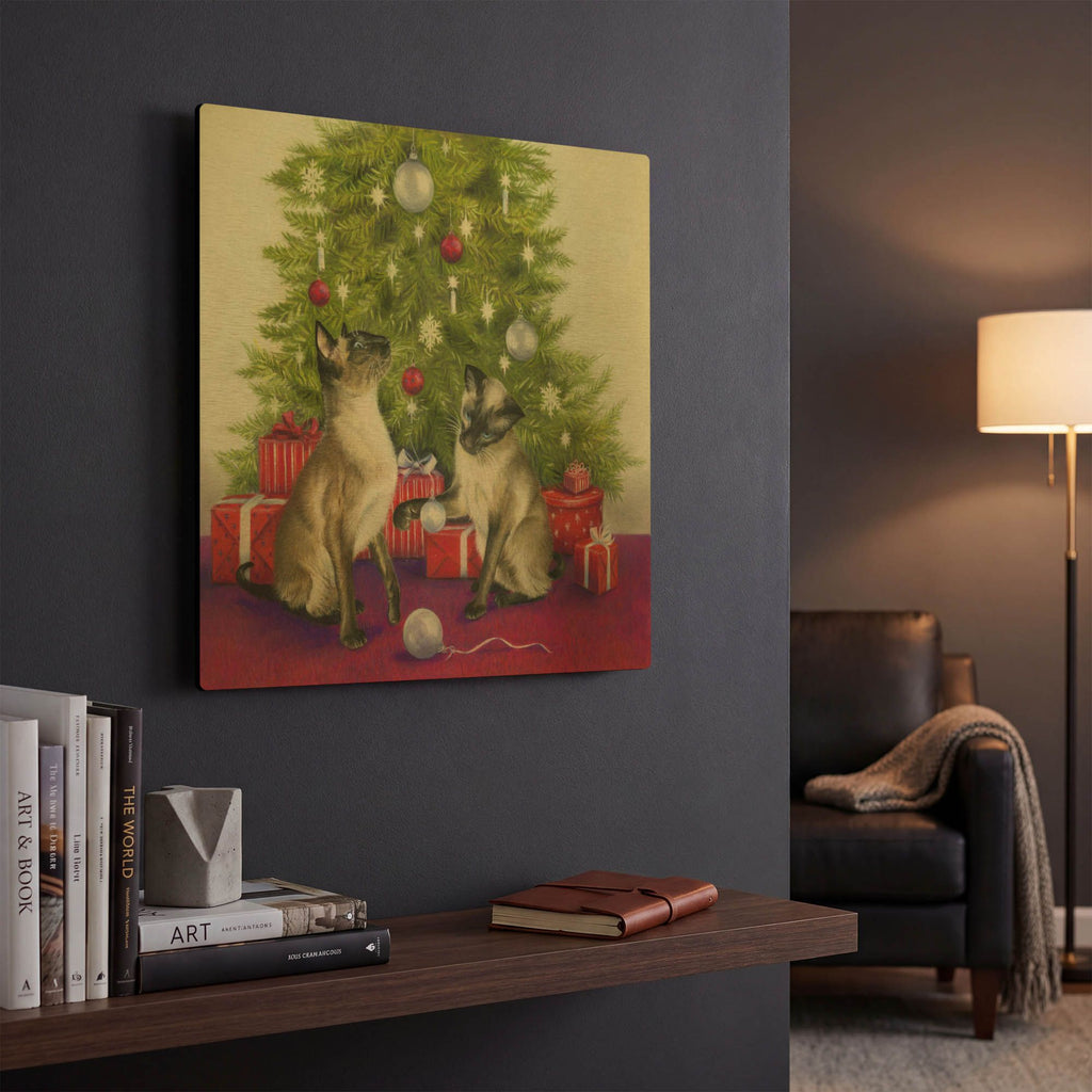 'Christmas Siamese Cats' By Janet Pidoux Gold Metal Wall Art