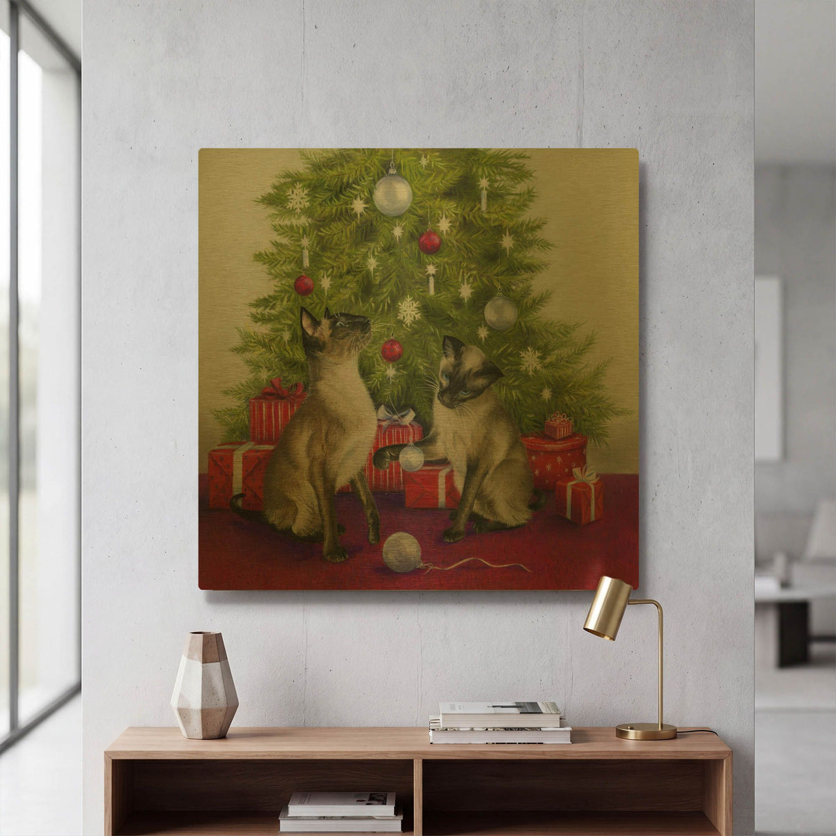 'Christmas Siamese Cats' By Janet Pidoux Gold Metal Wall Art