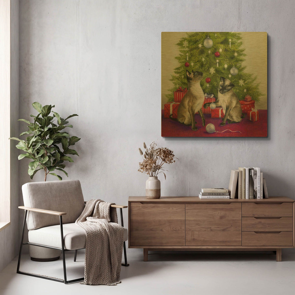 'Christmas Siamese Cats' By Janet Pidoux Gold Metal Wall Art