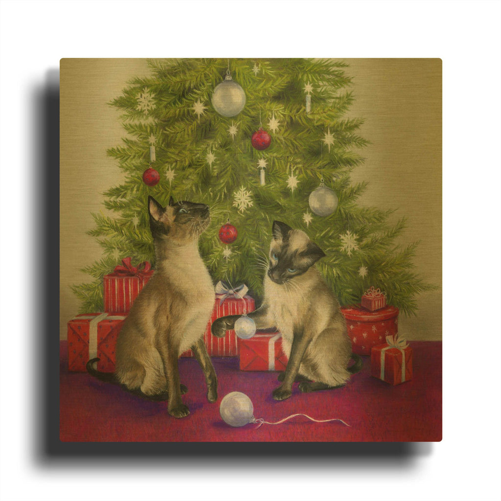 'Christmas Siamese Cats' By Janet Pidoux Gold Metal Wall Art