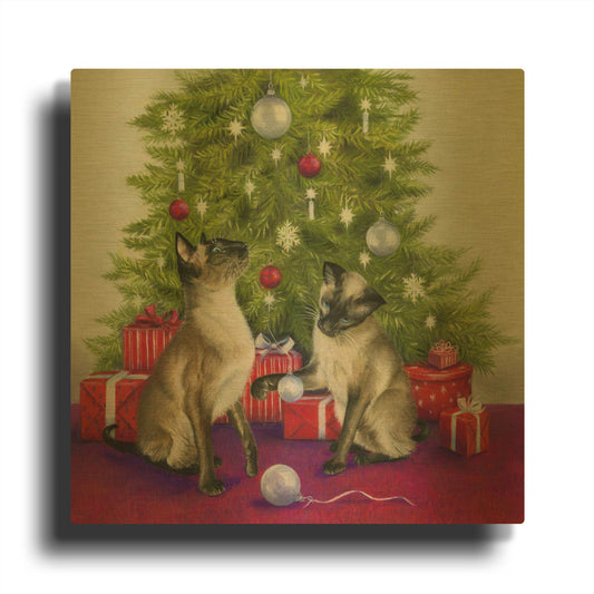 'Christmas Siamese Cats' By Janet Pidoux Gold Metal Wall Art