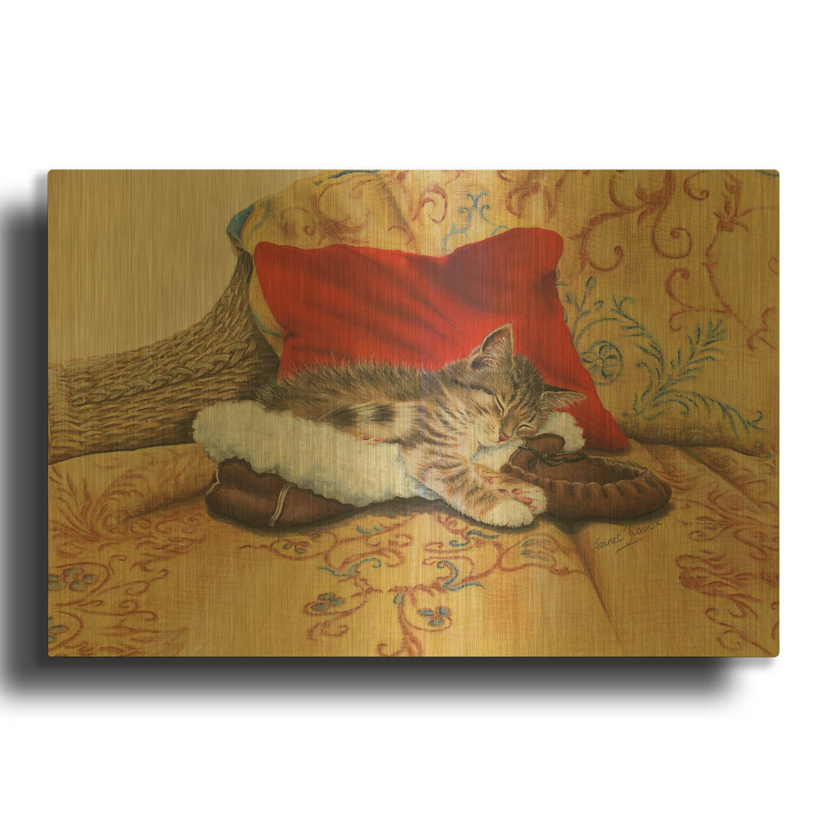 'Comfy Slipper' By Janet Pidoux Gold Metal Wall Art
