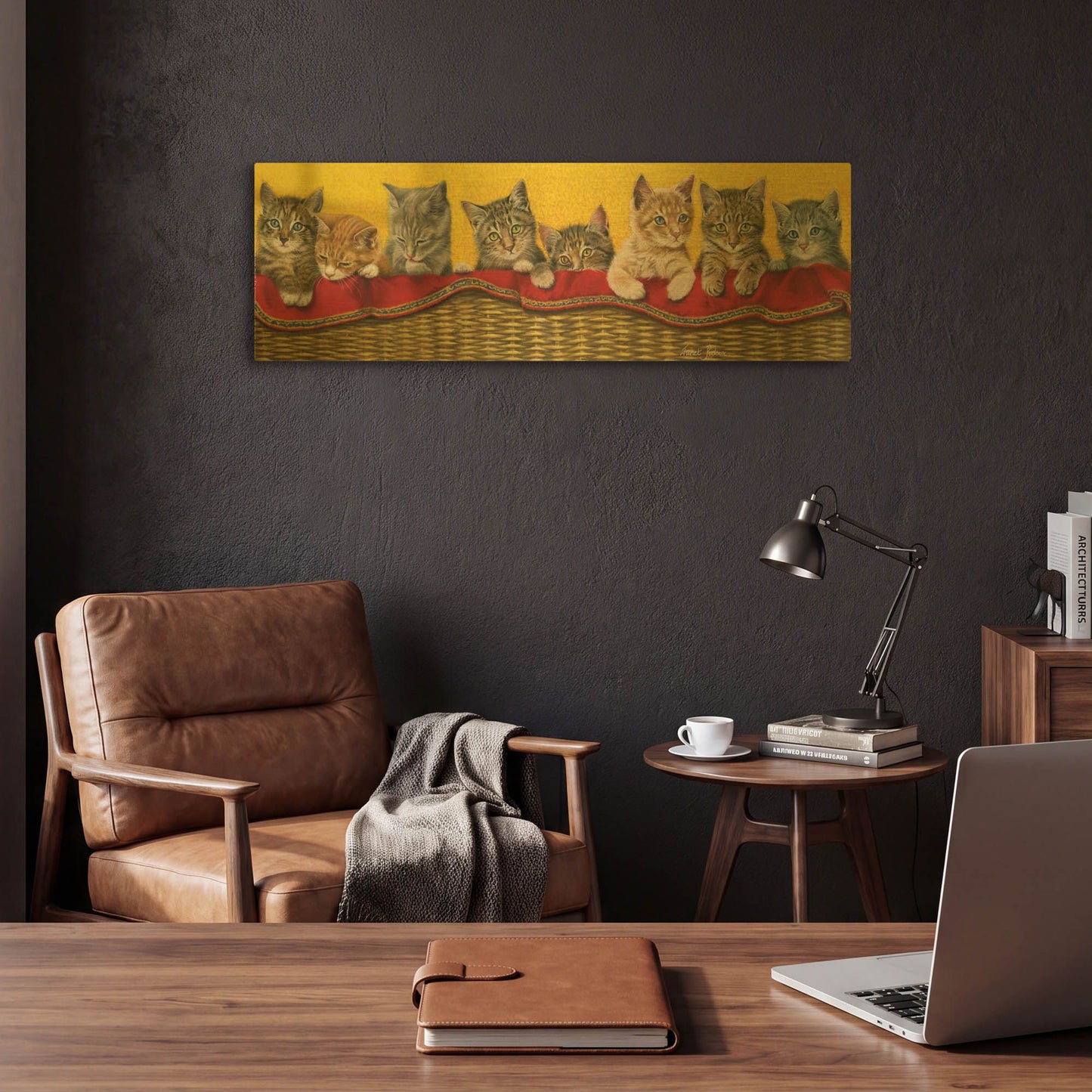 'Eight Kittens In Basket' By Janet Pidoux Gold Metal Wall Art