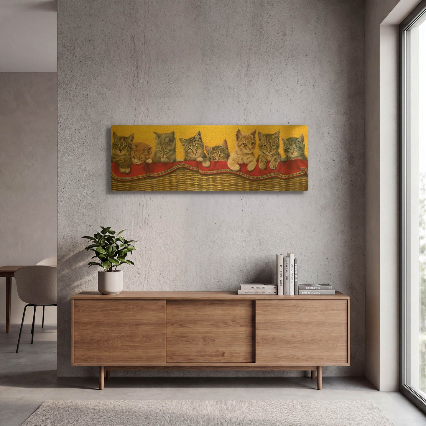 'Eight Kittens In Basket' By Janet Pidoux Gold Metal Wall Art
