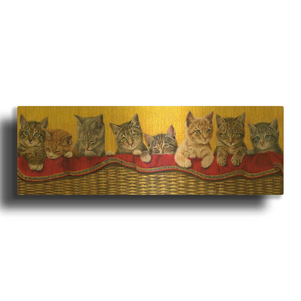 'Eight Kittens In Basket' By Janet Pidoux Gold Metal Wall Art
