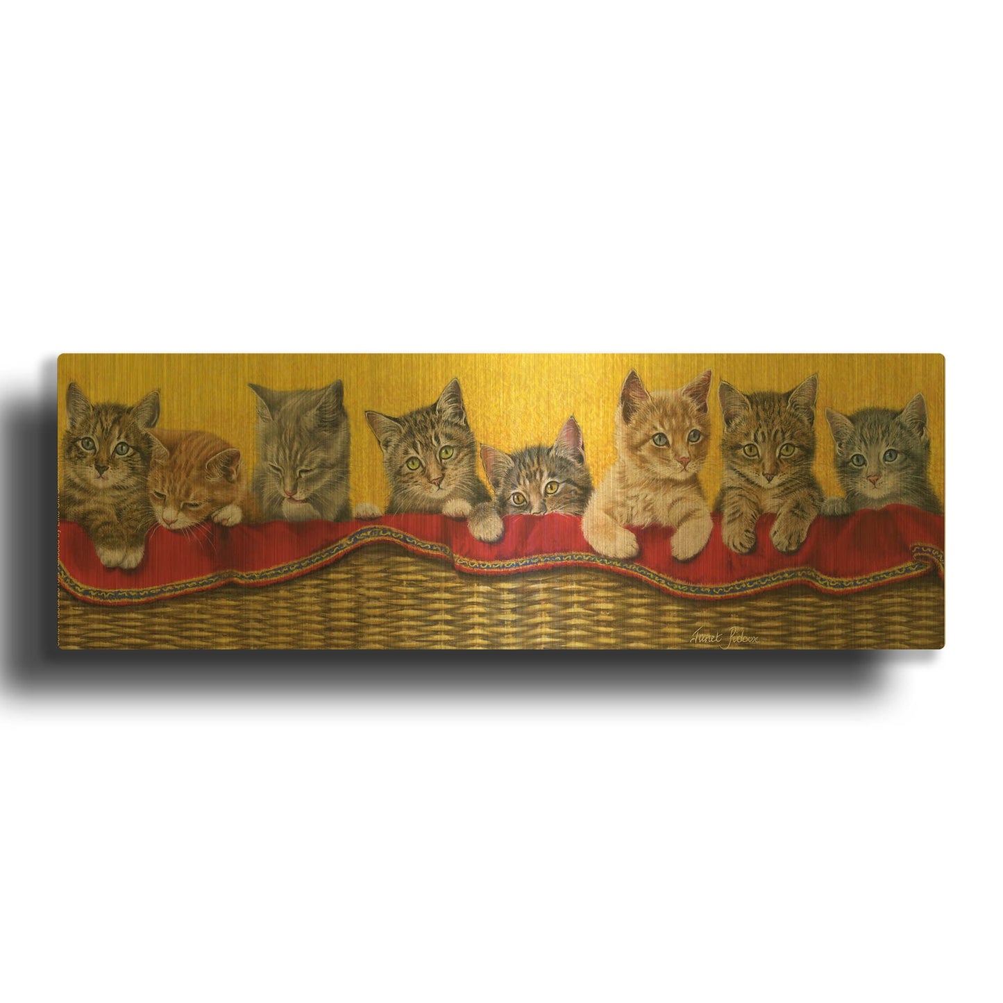 'Eight Kittens In Basket' By Janet Pidoux Gold Metal Wall Art