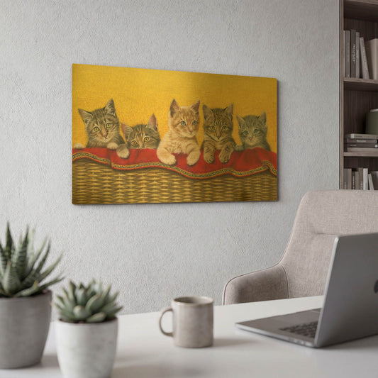'Five Kittens In Basket' By Janet Pidoux Gold Metal Wall Art