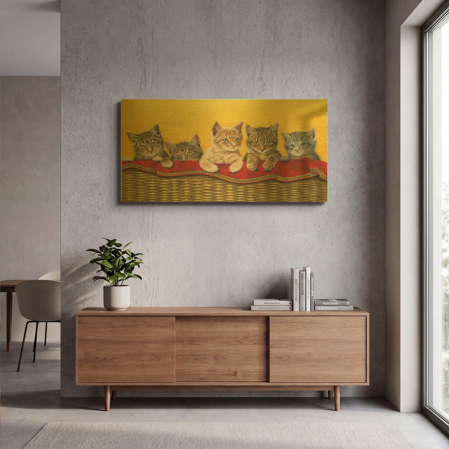 'Five Kittens In Basket' By Janet Pidoux Gold Metal Wall Art