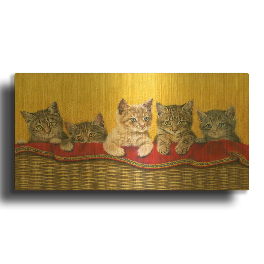 'Five Kittens In Basket' By Janet Pidoux Gold Metal Wall Art