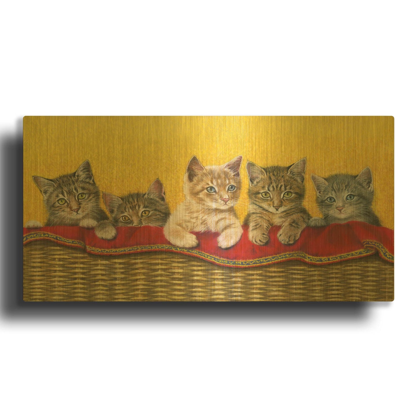 'Five Kittens In Basket' By Janet Pidoux Gold Metal Wall Art